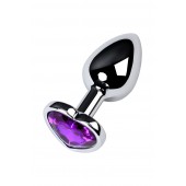 Серебристая коническая анальная пробка с фиолетовым кристаллом-сердечком - 7 см. - ToyFa - купить с доставкой в Обнинске