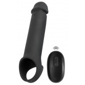 Черная вибронасадка для пениса с хомутом для мошонки и пультом ДУ Remote Controlled Penis Extension - Orion - в Обнинске купить с доставкой