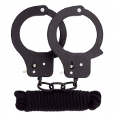 Чёрные наручники из листового металла в комплекте с веревкой BONDX METAL CUFFS LOVE ROPE SET - Dream Toys - купить с доставкой в Обнинске