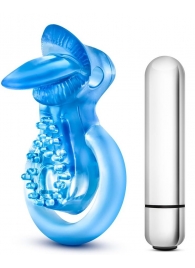 Голубое эрекционное виброкольцо 10 Function Vibrating Tongue Ring - Blush Novelties - в Обнинске купить с доставкой