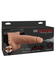 Телесный полый страпон с имитацией эякуляции 7.5  Hollow Squirting Strap-On with Balls Flesh - 21,6 см. - Pipedream - купить с доставкой в Обнинске