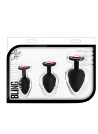 Набор черных анальных пробок с красным кристаллом-сердечком Bling Plugs Training Kit - Blush Novelties - купить с доставкой в Обнинске