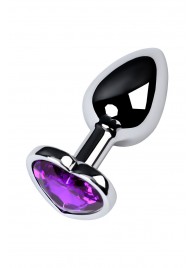 Серебристая коническая анальная пробка с фиолетовым кристаллом-сердечком - 7 см. - ToyFa - купить с доставкой в Обнинске