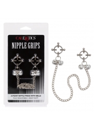 Металлические зажимы для сосков на цепочке Nipple Grips 4-Point Nipple Press with Bells - California Exotic Novelties - купить с доставкой в Обнинске