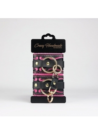 Черные кожаные наручники с розовой строчкой - Crazy Handmade - купить с доставкой в Обнинске