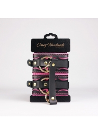 Черные кожаные оковы с розовой строчкой - Crazy Handmade - купить с доставкой в Обнинске