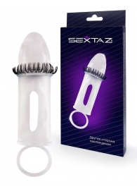 Закрытая насадка на пенис с подхватом мошонки и стимулирующими «ресничками» - Sextaz - в Обнинске купить с доставкой
