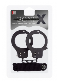 Чёрные наручники из листового металла в комплекте с веревкой BONDX METAL CUFFS LOVE ROPE SET - Dream Toys - купить с доставкой в Обнинске