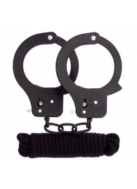 Чёрные наручники из листового металла в комплекте с веревкой BONDX METAL CUFFS LOVE ROPE SET - Dream Toys - купить с доставкой в Обнинске