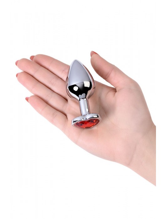Серебристая коническая анальная пробка с красным кристаллом-сердечком - 7 см. - ToyFa - купить с доставкой в Обнинске