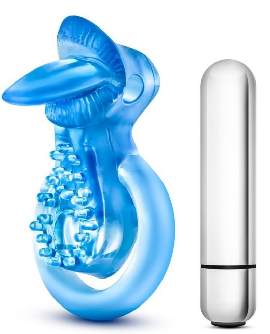 Голубое эрекционное виброкольцо 10 Function Vibrating Tongue Ring - Blush Novelties - в Обнинске купить с доставкой