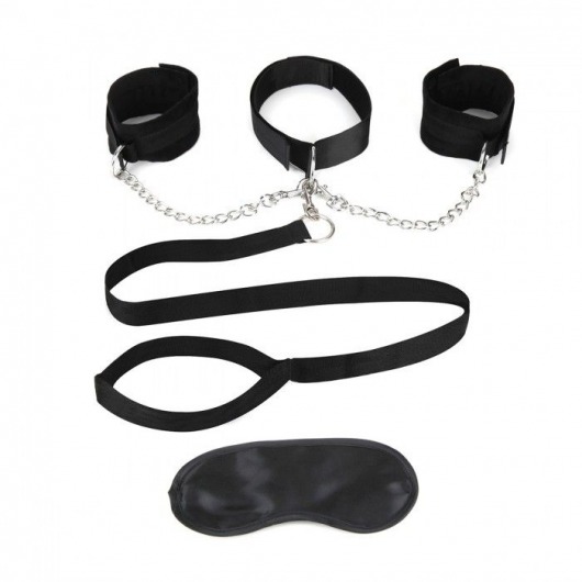 Чёрный ошейник с наручниками и поводком Collar Cuffs   Leash Set - Lux Fetish - купить с доставкой в Обнинске