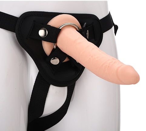 Телесный страпон на черных трусиках STRAP ON REAL DILDO - 20 см. - Dream Toys - купить с доставкой в Обнинске