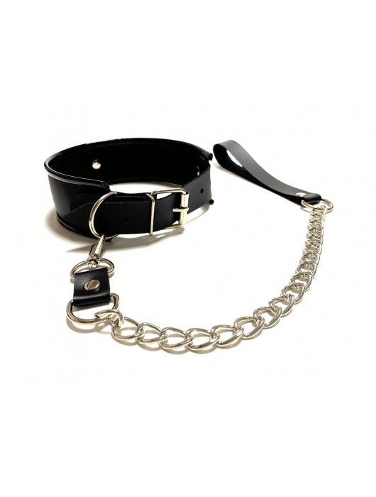 Черный ошейник с поводком из эко-кожи - БДСМ Арсенал - купить с доставкой в Обнинске
