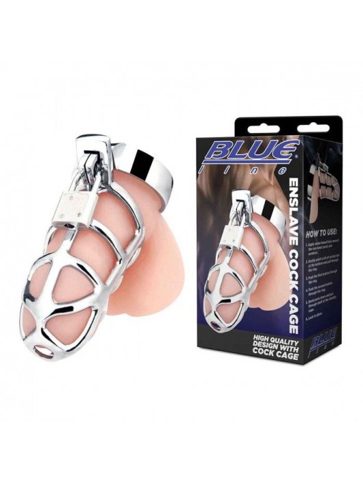 Серебристая металлическая клетка для члена с замком Enslave Cock Cage - BlueLine - купить с доставкой в Обнинске