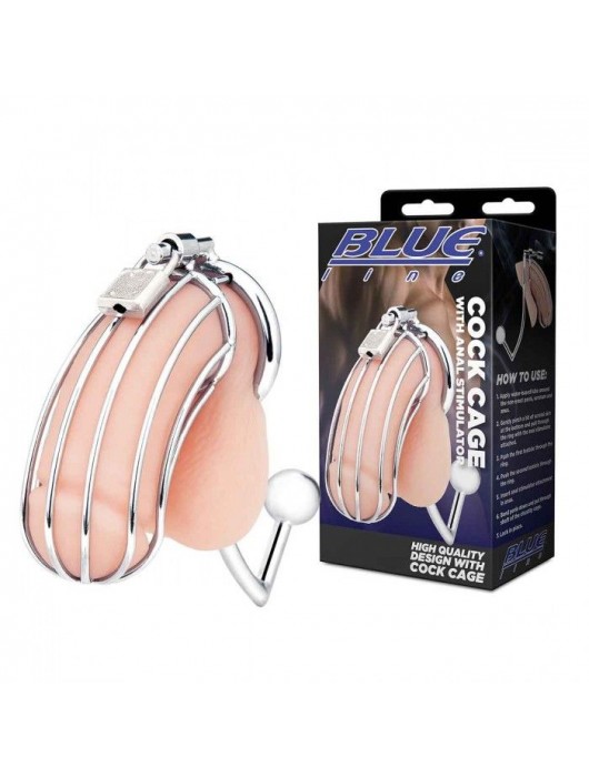 Серебристая металлическая клетка с анальным стимулятором Cock Cage - BlueLine - купить с доставкой в Обнинске