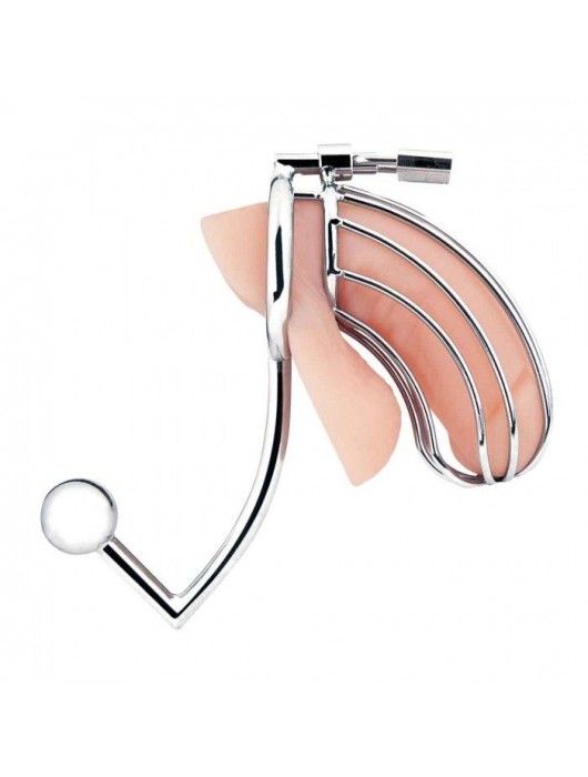 Серебристая металлическая клетка с анальным стимулятором Cock Cage - BlueLine - купить с доставкой в Обнинске