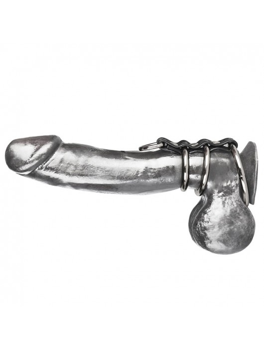 Хомут на пенис из трех металлических колец и кольца для привязи 3 RING GATES OF HELL - BlueLine - купить с доставкой в Обнинске