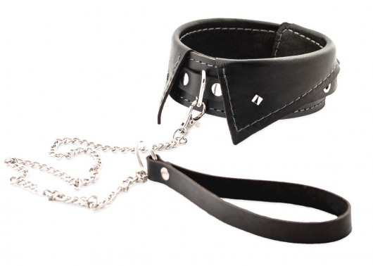 Черный ошейник-воротничок с металлическим поводком - Crazy Handmade - купить с доставкой в Обнинске Черный ошейник-воротничок с металлическим поводком - Crazy Handmade - купить с доставкой в Обнинске