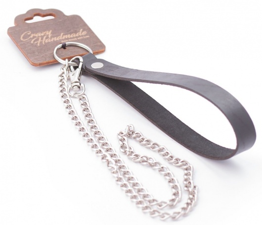 Серебристый металлический поводок с кожаной черной ручкой - 80 см. - Crazy Handmade - купить с доставкой в Обнинске