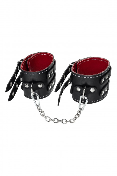 Черные кожаные оковы с двумя ремнями и красной подкладкой - Pecado - купить с доставкой в Обнинске