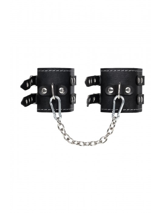 Черные кожаные оковы с двумя ремнями и красной подкладкой - Pecado - купить с доставкой в Обнинске