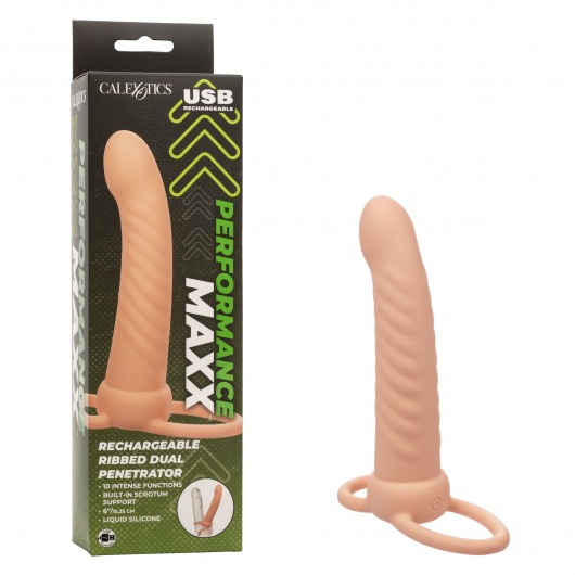 Телесная насадка для двойного проникновения Rechargeable Ribbed Dual Penetrator с вибрацией - California Exotic Novelties - купить с доставкой в Обнинске
