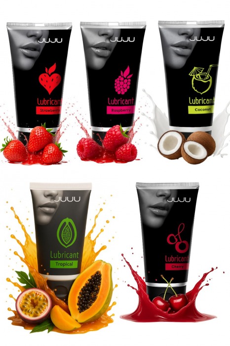 Набор из 5 съедобных лубрикантов JUJU (клубника, малина, тропические фрукты, вишня, кокос) - JuJu - купить с доставкой в Обнинске