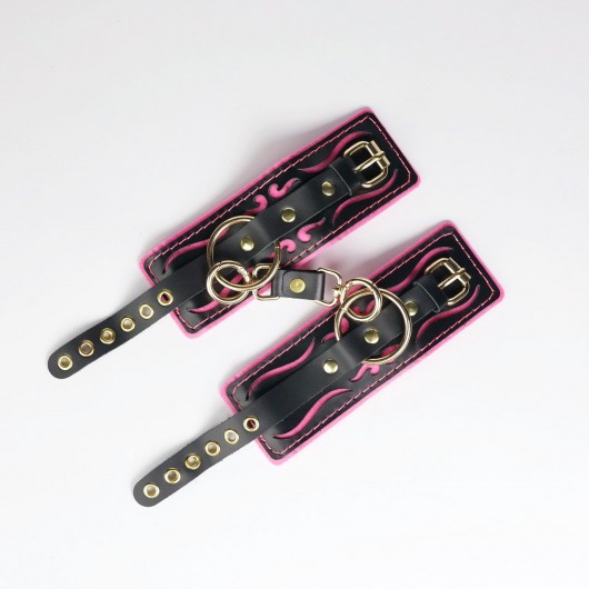 Черные кожаные наручники с розовой строчкой - Crazy Handmade - купить с доставкой в Обнинске Черные кожаные наручники с розовой строчкой - Crazy Handmade - купить с доставкой в Обнинске