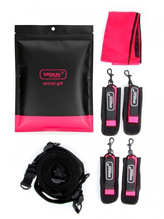 Черно-розовый эротический набор: фиксатор, оковы, наручники, повязка - Erokay - купить с доставкой в Обнинске