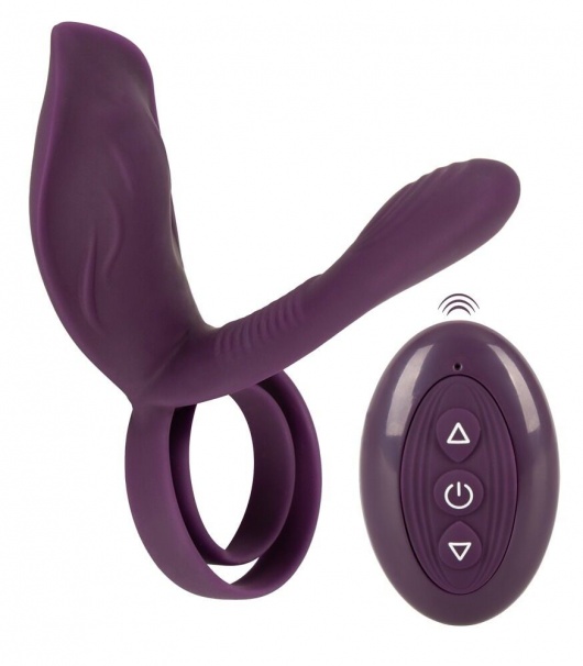 Фиолетовая насадка на член с клиторальным отростком и пультом ДУ RC Couple’s Vibrator 2 - Orion - в Обнинске купить с доставкой
