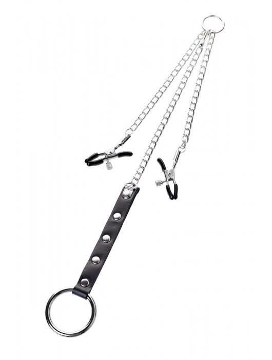 Серебристо-чёрные зажимы для сосков с кольцом для пениса TOYFA Metal - ToyFa - купить с доставкой в Обнинске